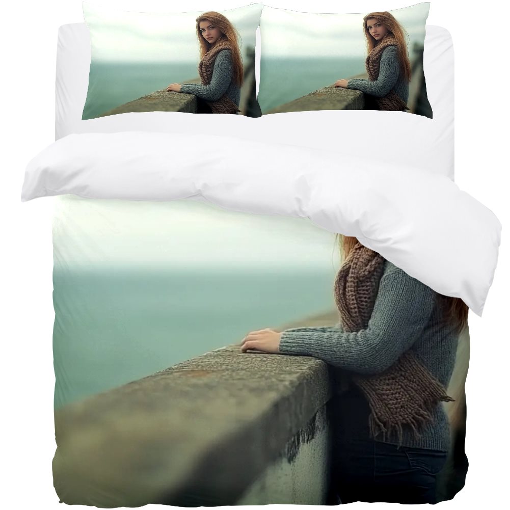 Peach velvet Three-piece Bed Set (US-White)