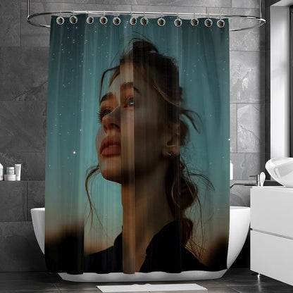 Polyester shower curtain with hooks